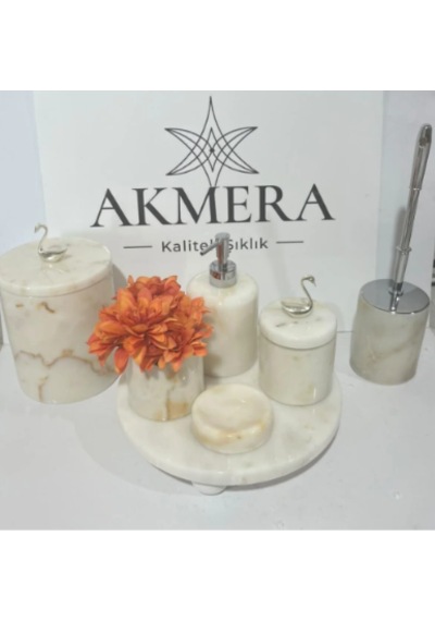 Sarı Tonlu Mermer Top Ayaklı Gerçek Mermer 7 Parça Ultra Lüks Banyo Seti beyaz