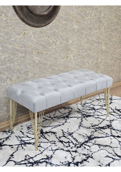 Zafir Gold Tel Ayaklı 90 Cm Puf Bench - Puf - Bench - Kasalı Oturak - Oturak - Yatak Ucu Puf Gri