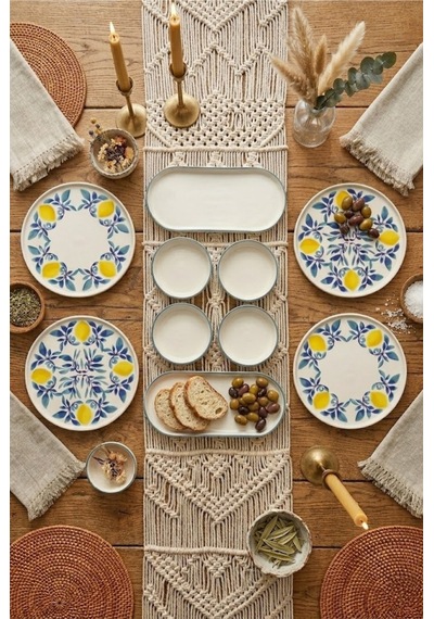 Limon 10 Parça 4 Kişilik Handmade Stackable Seramik Tabak Seti Premium Sunum & Kahvaltı Takımı Beyaz