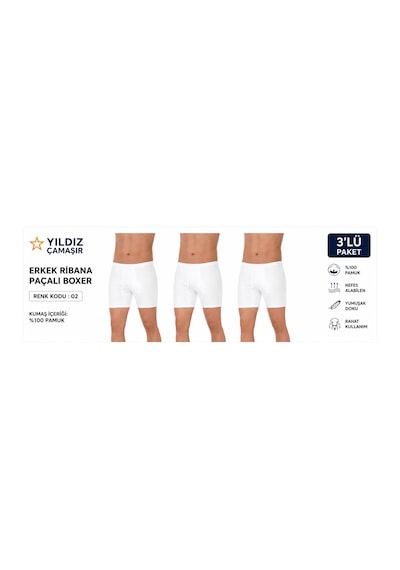 Yıldız Çamaşır Erkek Ribana Arjantin Paçalı Boxer 02 - 3 Adet Beyaz