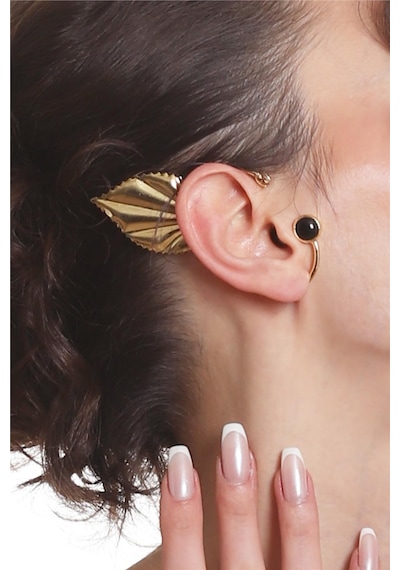 Kadın Altın Renk Lak Kaplama Taşlı Yaprak Stilizesi Sağ Kulak Earcuff & Kıkırdak Küpe Çok Renkli