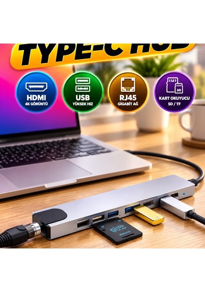8 Port Type-c Hub Hdmı, Usb, Rj45 Ve Kart Okuyucu Bağlantılı Çoklayıcı