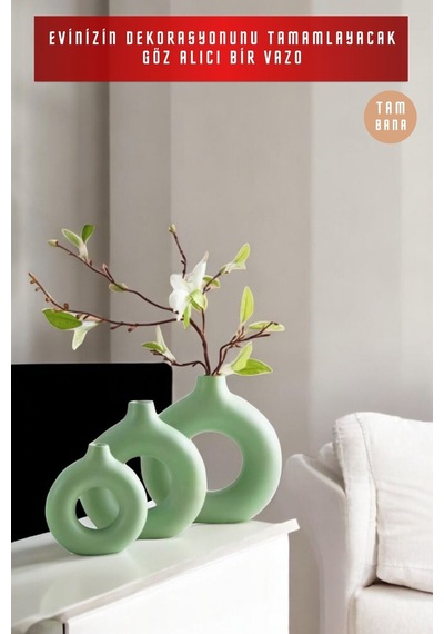 Beyaz Dekoratif Vazo Seti Obje Ev Dekorasyon Masa Üstü Dekor Vazo Seti Model 23 Soft Yeşil Soft Yeşil