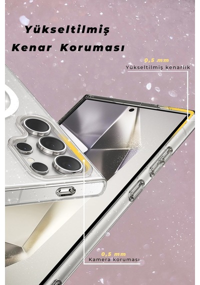 Samsung Galaxy S23 Ultra Uyumlu Renkli Magneticsafe Parlayan Simli A+ Kalite Silikon Kapak - Siyah