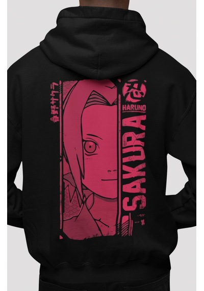 Sevbano Sakura Haruno Naruto Anime Sırt Baskılı Unisex Oversize Penye Hoo Siyah