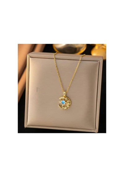 Lunarie Mavi Taşlı Güneş Ve Ay Kolye 14k Gold Kararmaz Çelik Altın