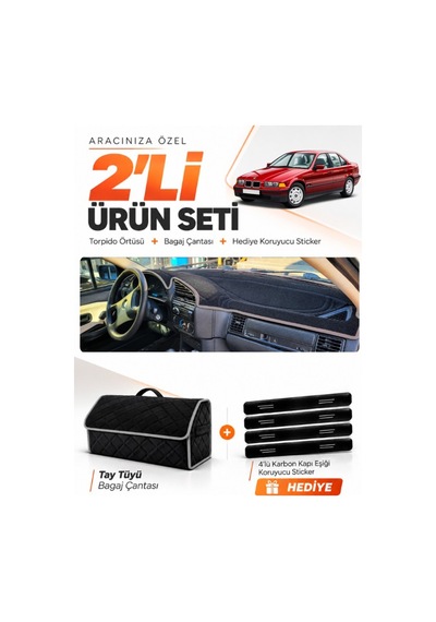 Bmw 3.20i E36 Aırbagsiz 1990-2000 Uyumlu Torpido Örtüsü + Tay Tüyü Çanta Seti - Siyah Gri