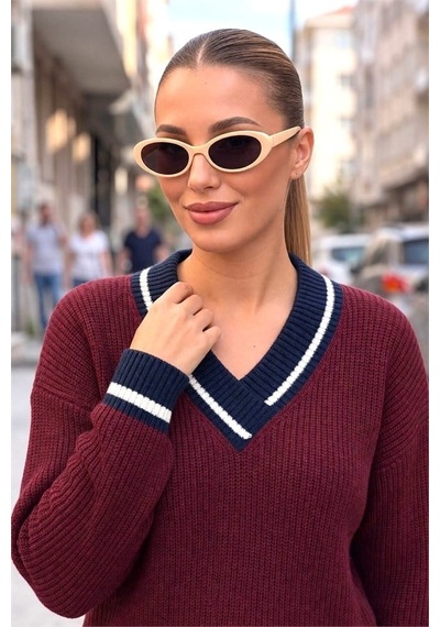 Bordo Lacivert V Yaka Triko Kazak