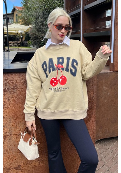 Bej Bisiklet Yaka Basic Sweatshirt Mg2233