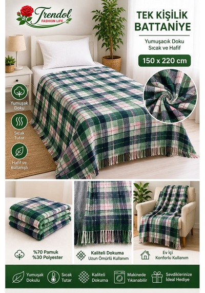 Tek Kişilik Battaniye 150x220 Cm %70 Pamuk %30 Polyester Yumuşak Dokulu Sıcak Tutucu Ekose Battaniye Haki Haki