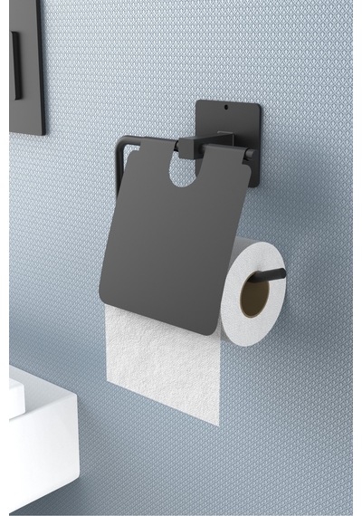 Karteya Yapışkanlı Kapaklı Siyah Tuvalet Kağıdı Tutacağı/tuvalet Wc Kağıtlık Siyah