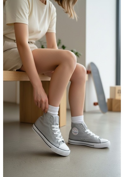 Enoch Kadın Boğazlı Bilekli Canvas Ve Bez Bağcıklı Rahat Günlük Sneaker Spor Ayakkabı Füme