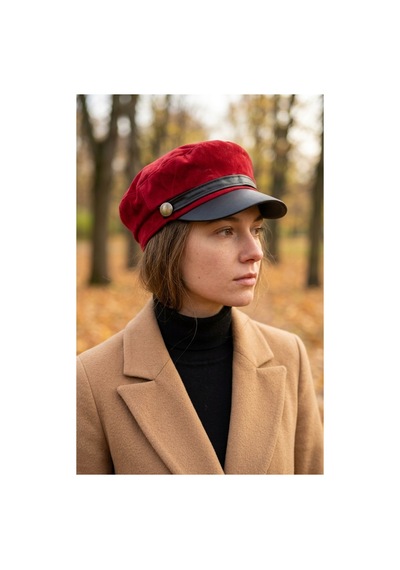 Emybox Kadın Süet Dokulu Deri Siperlikli Kaptan Şapka Vintage Kasket Şerit Detaylı Kışlık Ressam Şapkası Baker Boy Trend Aksesuar Kırmızı