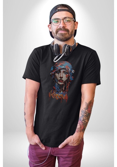 Khansa Eşarp Kadın Tasarımı Unisex Unisex Siyah Organik Baskılı T-shirt Penye Yüksek Kalite Siyah