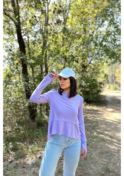 WeShaya Kadın Lila Elleri Eldiven Detaylı, Asimetrik Kesim, Bisiklet Yaka, Eteği Pliseli, Salaş Spor Bluz LILA