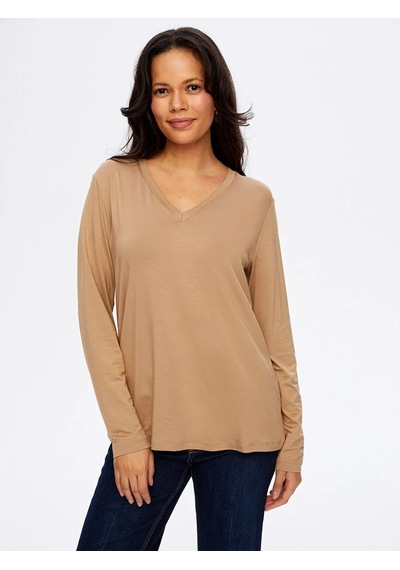 Faik Sönmez V Yaka Kadın Uzun Kol T-shirt W26tsh003 Camel