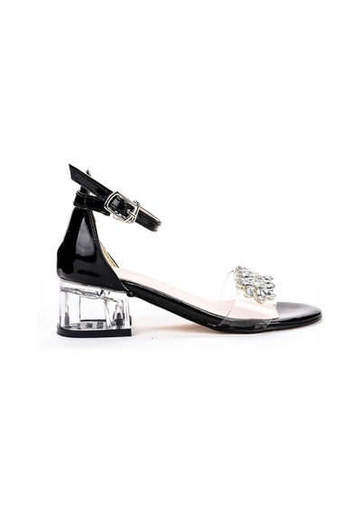 Kiko Kids 790 Rugan Taşlı Kız Çocuk 3 Cm Şeffaf Topuklu Sandalet Siyah