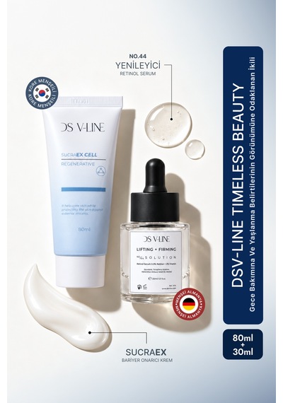 Ds V-lıne Timeless Beauty Saf Retinol + E Vitamini Gece Yenileyici Serum 30 Ml + Sucraex Kore Bariyer Onarıcı Nemlendirici Krem 80 Ml 2'li Bakım Seti
