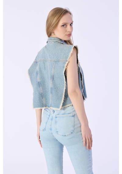 Taşlı Sıfır Kol Püsküllü Denim Ceket-a.mavi Açık Mavi
