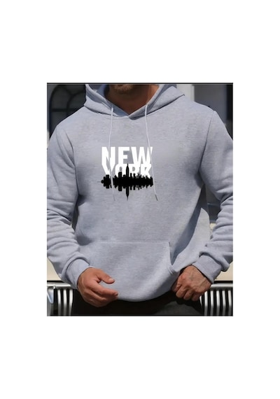 Herkesemoda Newyork Baskılı Kapşonlu Gri Sweatshirt Gri
