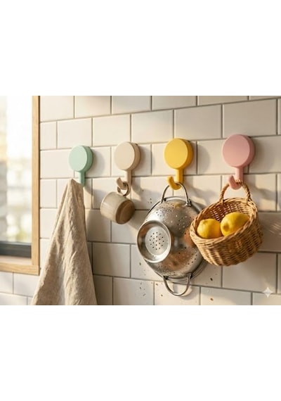 Dekoratif 4&apos Lü Yapışkanlı Askı Seti 2 Kg Taşıma Kapasiteli, Mat Pastel Renkler, Delme Gerektirmez Diğer