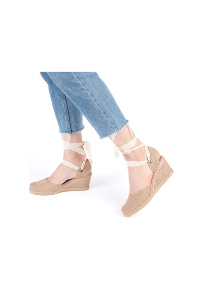 Star Tombis Gerçek Elişi Arkası Açık Geniş Ipli Burnu Hasırlı Dolgu Topuk Keten Kadın Espadril Handmade Hasır