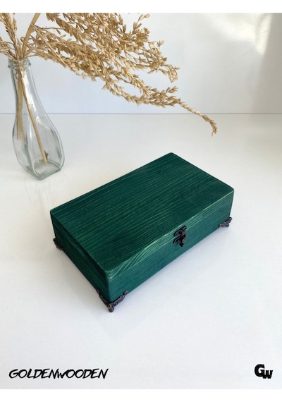 Doğal Ahşap Takı Kutusu Ahşap Saklama Kutusu Yeşil Beyaz Çam Boy:20cm En:12cm Yük:6,5cm