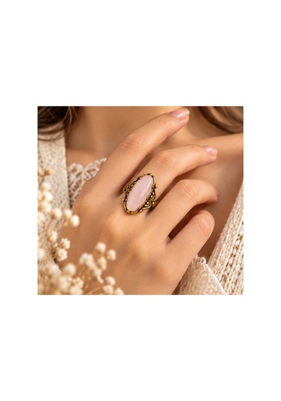 Esoo Jewelry Vintage Tasarım Pembe Doğal Taşlı Ayarlanabilir Kadın Yüzük - Antik Gold Görünümlü