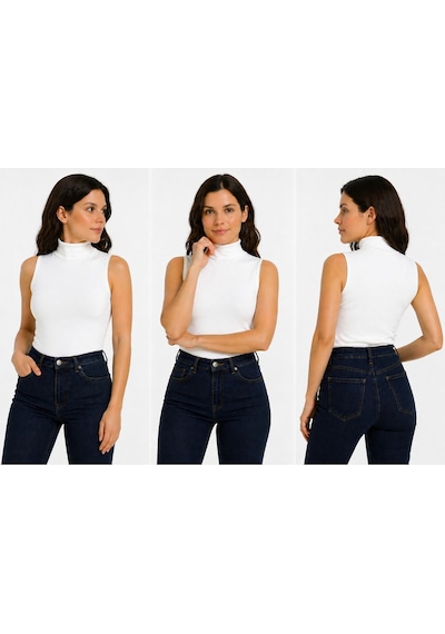 İngegno Body Yarım Balıkçın Yaka Sıfır Kol Viskon Örme Ring Kumaş Body Beyaz