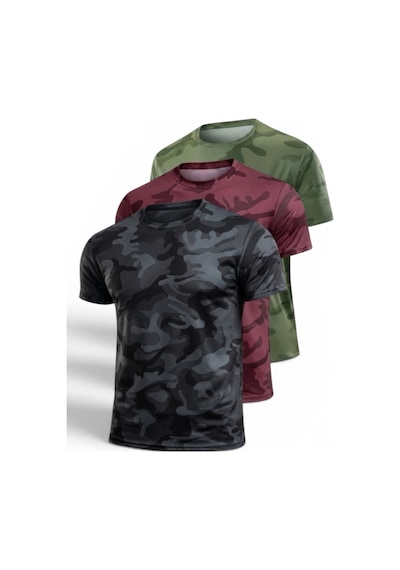 Serablanka 3'lü Erkek Nem Emici Hızlı Kuruma Atletik Teknik Kamuflaj Desenli Spor T-shirt Siyah-bordo-haki