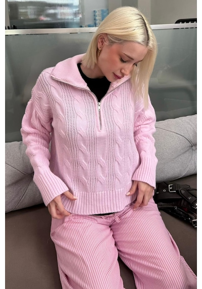 Madmext Pembe Örgü Desenli Fermuarlı Yaka Kadın Triko Kazak Mg2546 Pembe