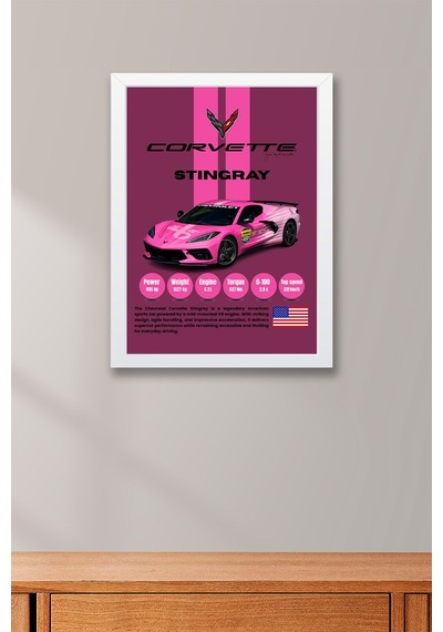 Corvette Stingray Araba Tablosu - Teknik Özellikli Otomobil Poster - Çerçeveli Duvar Dekoru Beyaz