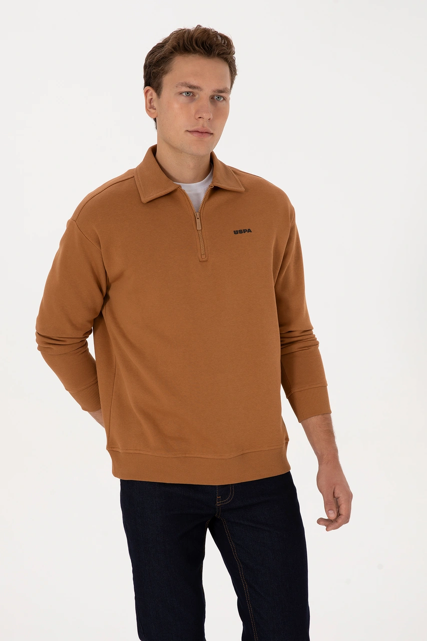 U.S. Polo Assn. Erkek Regular Fit Yarım Fermuarlı Şardonlu Camel Basic Sweatshirt 50313783-VR233
