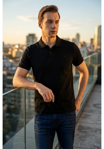 Süvari Slim Fit Düz Baskısız Pike Düğmeli Polo Yaka Nefes Alabilen T-shirt Siyah