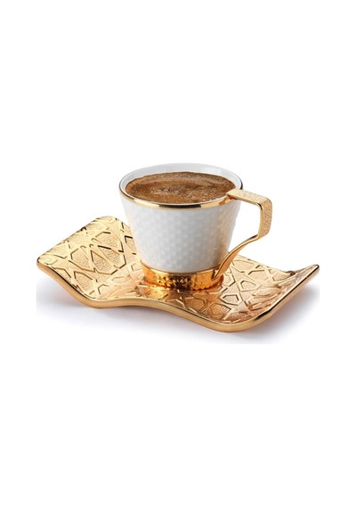 Türk Kahvesi Fincan Takımı Lüks 6 Kişilik Metal Gold Selçuklu Model Altın