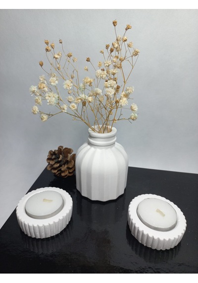 İnce Çizgili Vazo - Modern & Minimal Dekoratif Obje, Salon Ve Ofis Çiçeklik, Beyaz Beyaz