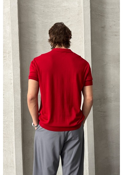 Erkek Oversize Pamuklu Polo Yaka Triko T-shirt Kırmızı