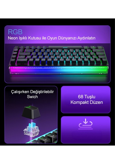 K68 Pro Kablolu Mekanik Oyuncu Klavyesi Hottswapp Red Switch Driverli Türkçe Q Gaming Beyaz Klavye.