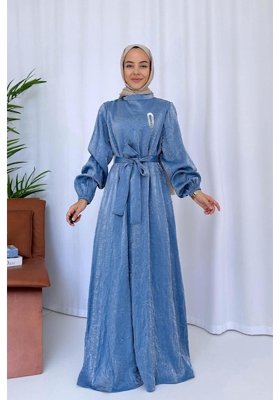 Kahijab Broş Detay Elbise - Mavi