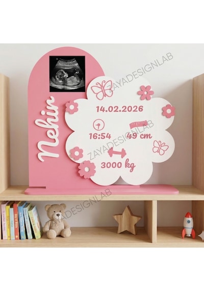 Kişiselleştirilmiş 3d Tasarım Bebek Odası Dekoru Doğum Bilgileri Süsü- Yenidoğan Hediyelik / 15 Cm Pudra Pembe