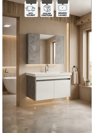 Retro 80 Cm Lavabolu, Aynalı Banyo Dolabı, Retro Gümüş-beyaz, Seramik Lavabo Dahil