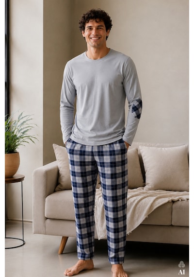 Koza İç Giyim Erkek Pamuklu Uzun Kollu Yamalı Ekose Desenli Pijama Takımı Ko60104 Mavi - Gri