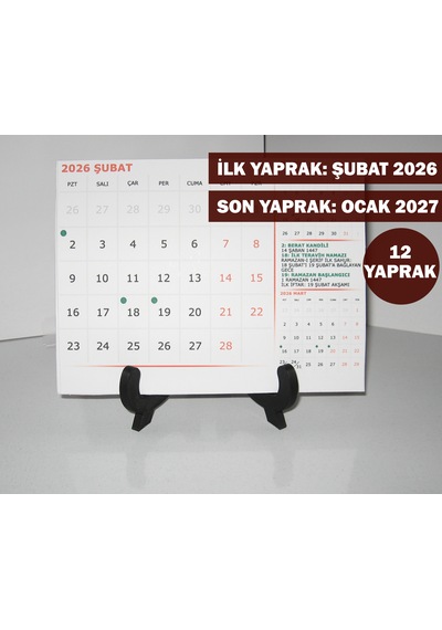 Şubat 2026 - Ocak 2027 Yılı Masa Takvimi 12 Yaprak Takvim Hicri Dini Günler Resmi Tatiller