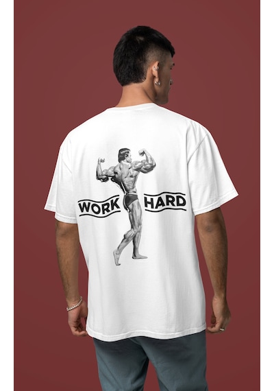 Arnold Work Hard Yazılı Body Building Sırt Baskılı Unisex Oversiz Beyaz
