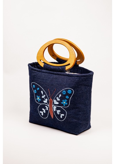 Fabric Craft Bag El Çantası Kot Kumaş Ahşap Saplı Kelebek Nakışlı İçi Astarlı Mıknatıslı 38x30 Cm Kot Lacivert