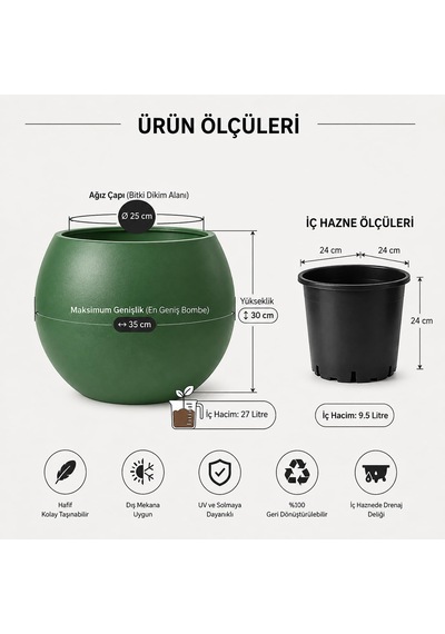 Dekoratif Saksı 27l Mat Yeşil Küre Tasarım, Beton Görünümlü Modern Dekorasyon Objesi Diğer