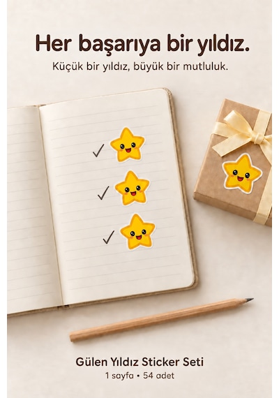 Gülen Yıldız Sticker Seti 54 Adet 1 Sayfa Öğrenci Ödüllendirme, Ödev Takibi Ve Defter Süsleme Çok Renkli