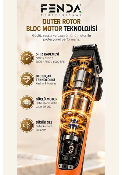 Fenda Profesyonel Bldc Motor 8000 Rpm 2'li Tıraş Makinesi Seti Turuncu