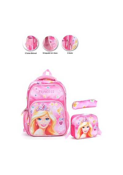 Soft Princess Barbie Okul Çantası + Beslenme + Kalemlik + Barbie Kız Çantası Atcık Çanta