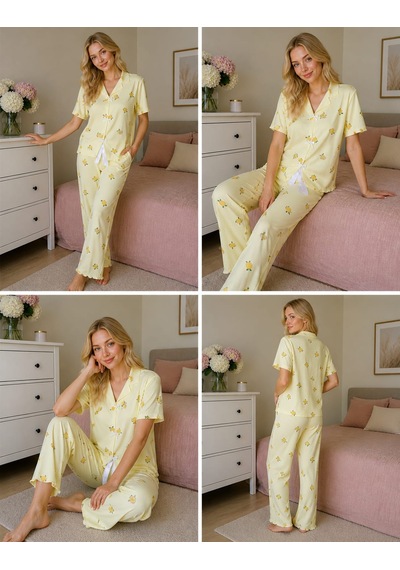Esra Butik78 Milan Kumaş Yumuşak Dokulu Limon Baskılı Yazlık Pijama Takımı Sarı